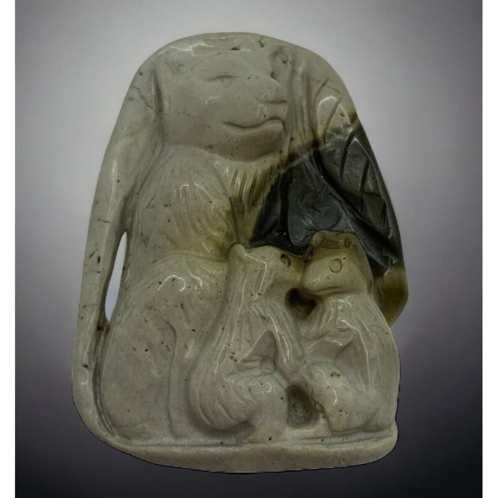Carved Gray Stone Pendant Bear & Cubs on Front Flower Leaf on Back Brown Accents